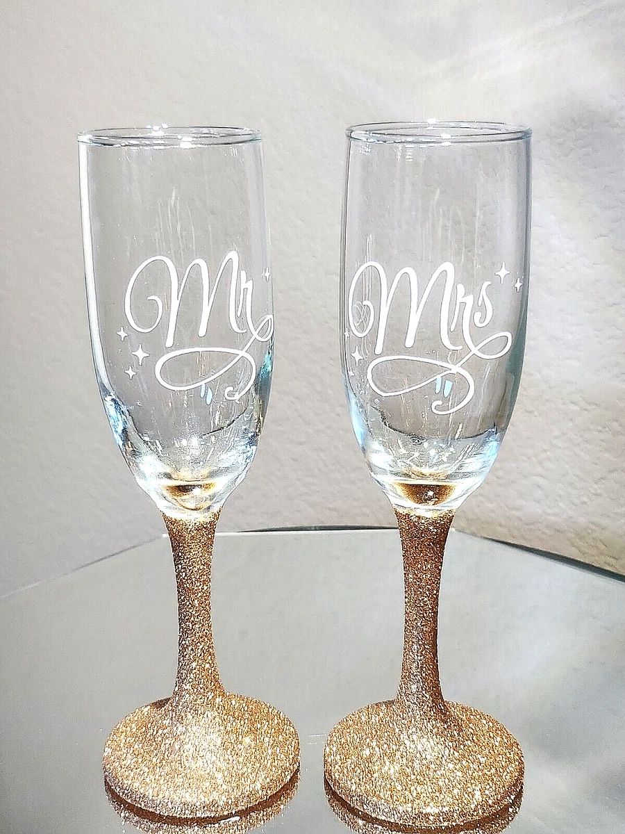 Glittered Champagne Flute Glasses Mr and Mrs Glasses Wedding