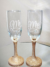 Glittered Champagne Flute Glasses , Mr and Mrs Glasses, Wedding Glass Set .