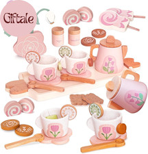 Wooden Tea Set for Little Girls, Pretend Play Tea Party Set Toy with 27 PCS Play