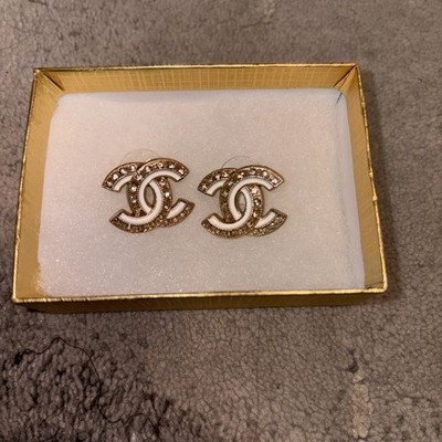 Chanel Button Earrings Gold And White Quilted Interlocking Cs With Rhinestones