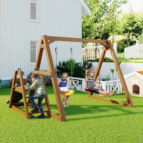 Columpio doble columpio infantil con 2 asientos de columpio escalador toboganes madera maciza - Imagen 6 de 18