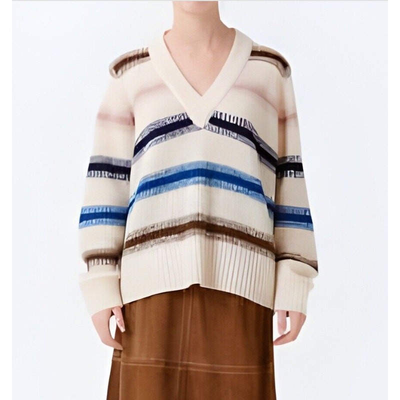 MUNTHE Women's Rana Sweater 36 US 4 Cream V Neck Multi-Stripe Knit Alpaca NWT