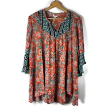 CATO Womens Tunic Top Size 2X Orange Paisley V-Neck Hi Lo Hem Flowy 3/4 Sleeve