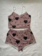Two Piece Pajama Loungewear Set Pink Black Hearts Tank Ruffle Lace L Twee Y2K