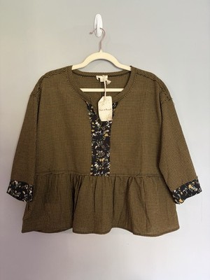 NWT Hem & Thread Peplum Top Size S Brown Plaid Babydoll Boho Peasant Oversized