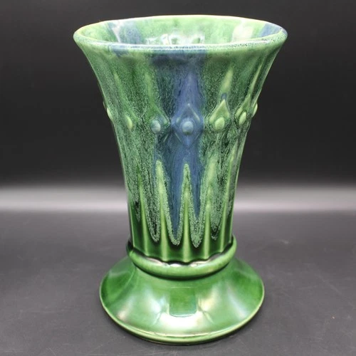 RARE Vtg 9" McCoy DIAMOND TRIM Vase Flare Ribbed Green & Blue Drip Glaze Signed