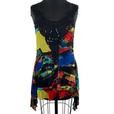 Alberto Makali Bright Colorful Abstract Lace Rhinestone Sheer Asymmetric Tank M