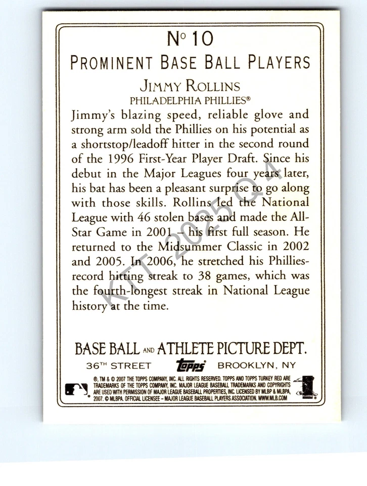 Jimmy Rollins #10 Philadelphia Phillies 2007 Topps Turkey Red NM/NM+ - Image 2 of 2