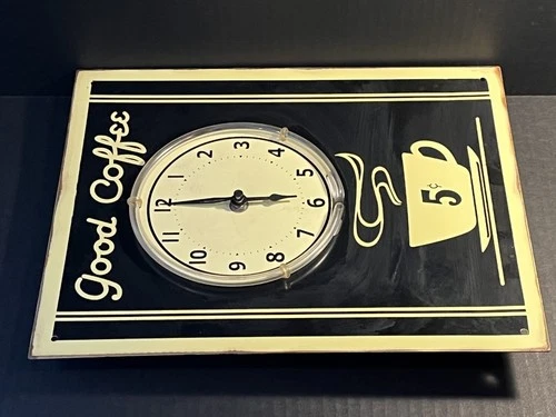 HTF Vintage Black Metal & Neon Light Sign ~ Good Coffee Clock 5 Cents Needs TLC