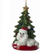 White Poodle Wearing Santa Hat with Christmas Tree Ornament New