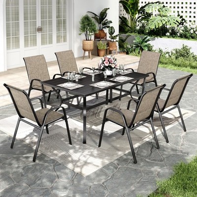 7 Piece Outdoor Dining Set with 6 Stackable Patio Chairs Metal Rectangular Table