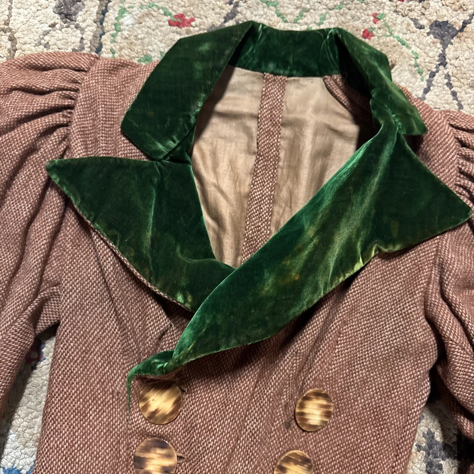 Antique Victorian Brown Tweed Wool & Green Velvet Bodice Dress Blouse Vintage - Image 2 of 4