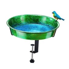 Deck Mounted Bird Bath  Feeder for Railing, 11.5 Inch Metallic Green/Blue