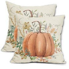 Fall Pillow Covers 18x18 18" x 18" Pack of 2 Watercolor Orange Pumpkin Leaves