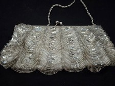 Vintage Beaded Sequin Clutch Purse w Kiss Rhinestone Clasp Chain Strap