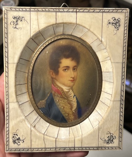 Antique 1920’s Framed Portrait Miniature Young Man Officer Naval Uniform Signed