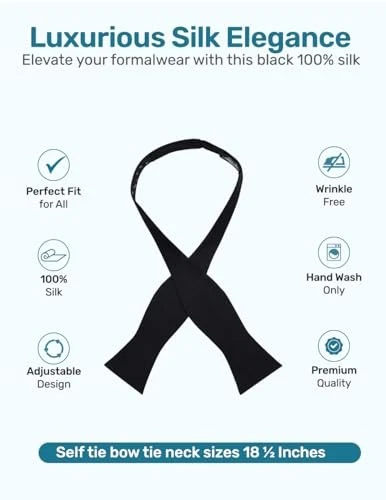  100% Silk Formal Bow Tie, Solid 16MM Silk Self Tie, Wedding & Tuxedo Black - Image 3 of 4