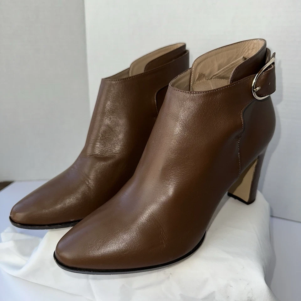 MaxMara Women's Tobacco Ornati Leather Block Heel Ankle Booties Size 9.5 - Image 3 of 4