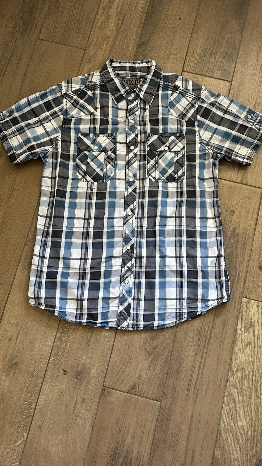 BKE Western Pearl Snap Slim Fit Blue Plaid Short Sleeve Men's Medium