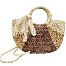 Convertible Brown Beige Colorblock Woven Rattan Straw Handbag Purse Unbranded