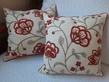 Dunelm 2 Crewel Embroidery Cushions. Cream, Terracotta Floral. Linen Look Cotton
