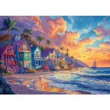 500 Piece Coastal Houses Jigsaw Puzzle for Adults, Summer Puzzle, Vibrant Beach