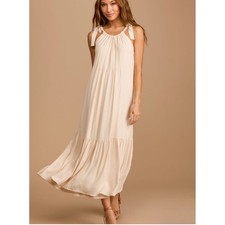 Lulus Sweet Encounter Beige Tie-Strap Tiered Midi Dress Boho Size L NWT