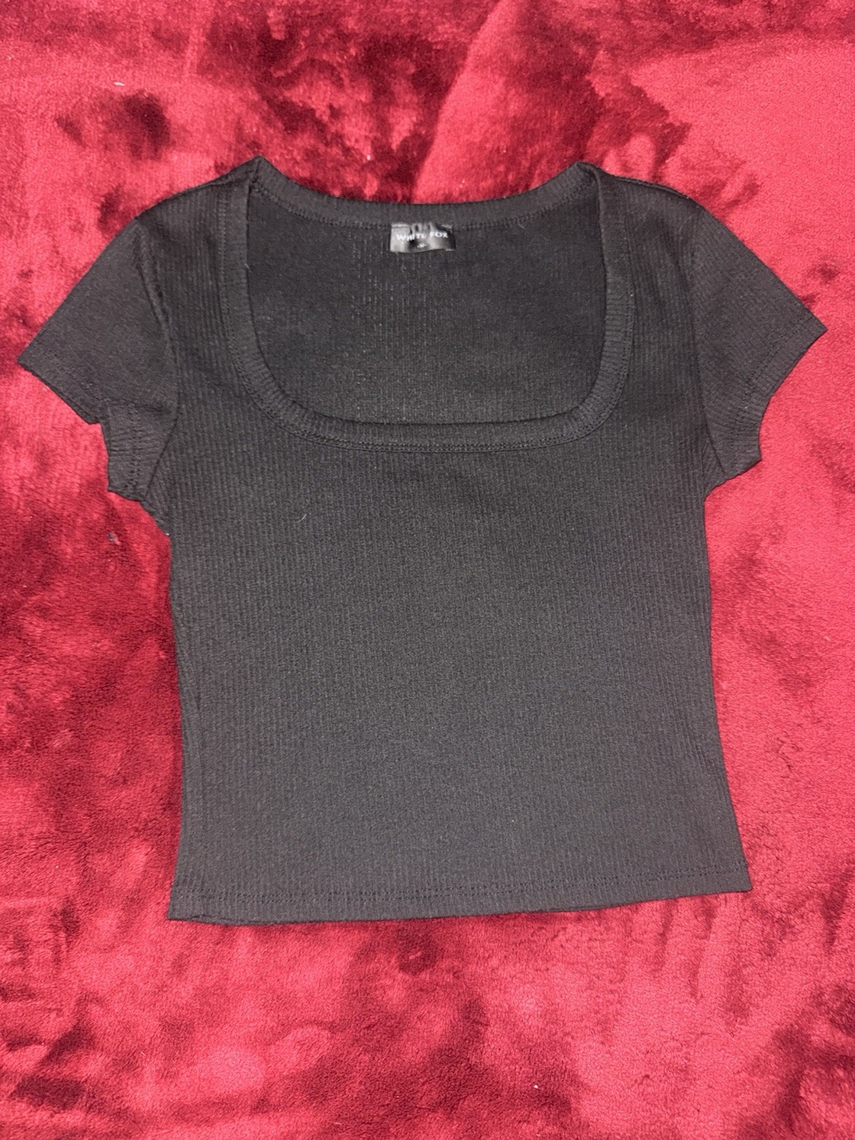 WHITE FOX Black Ribbed Square Neck Short Sleeve Cropped  Women's T-Shirt Size M