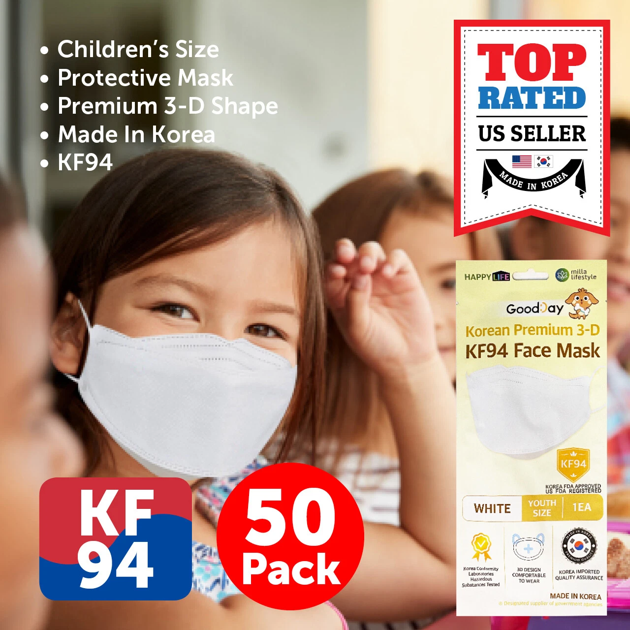 50 PCS KF94 WHITE Protective Safety Face Mask Kids Children Made in Korea