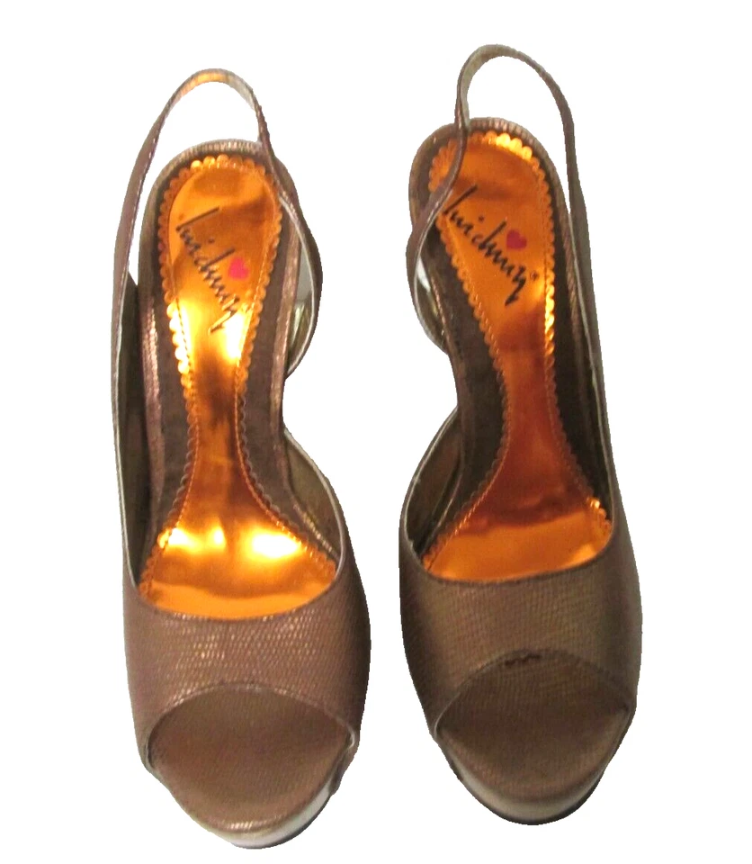 Salto anabela plataforma madeira biqueira aberta couro bronze Luichiny 6B B26 - Imagem 2 de 4