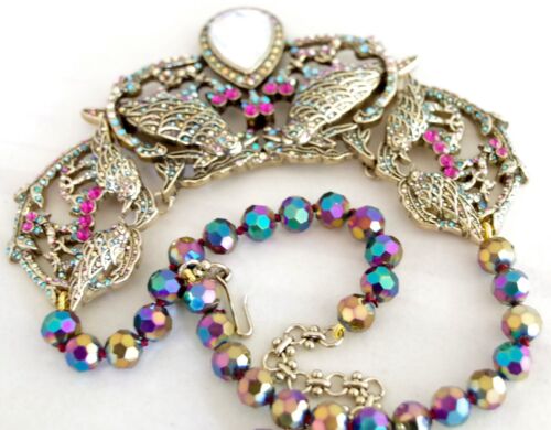 Pretty! DESIGNER STYLE RAINBOW PEACOCK AB CRYSTAL RHINESTONE RAVEN BIRD NECKLACE - Picture 12 of 22