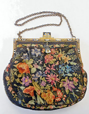 Victorian Handmade Petit Point Evening Bag With Marcasite  Enamel Decorations