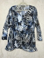 Nicole Ladies Top Blue Animal Print Size XL Cross Over Front Long Sleeve