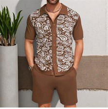 Men Summer Outfit 2-Piece Set Short Sleeve Shirt and Shorts Knitted Set