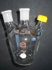 Kontes 14/20 Joint Glass 3-Neck 125mL European Flask with Threaded Inlet & Cap