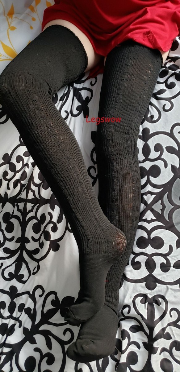 Extra Long Cable Knit Thigh High Socks Over The Knee Women Black White  Ribbed