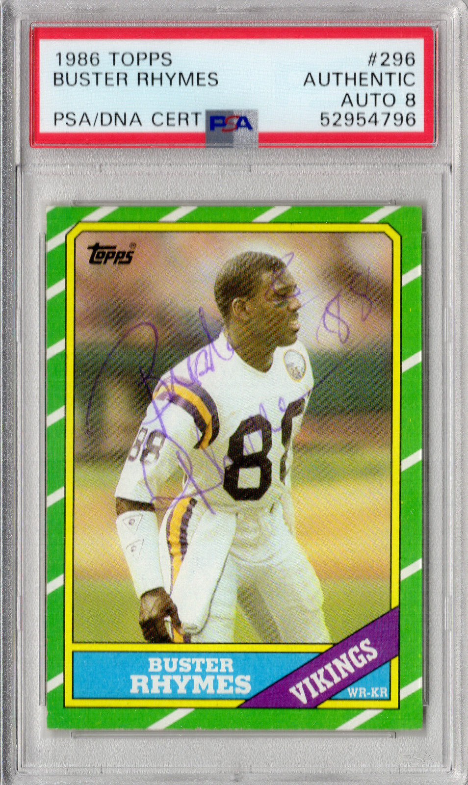 1986 TOPPS BUSTER RHYMES MINNESOTA VIKINGS SIGNED RC PSA/DNA CERT. AUTO