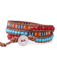 Leather Wrap Bracelet Stone Crystal Beads Single Strand Bracelet 3Wrap