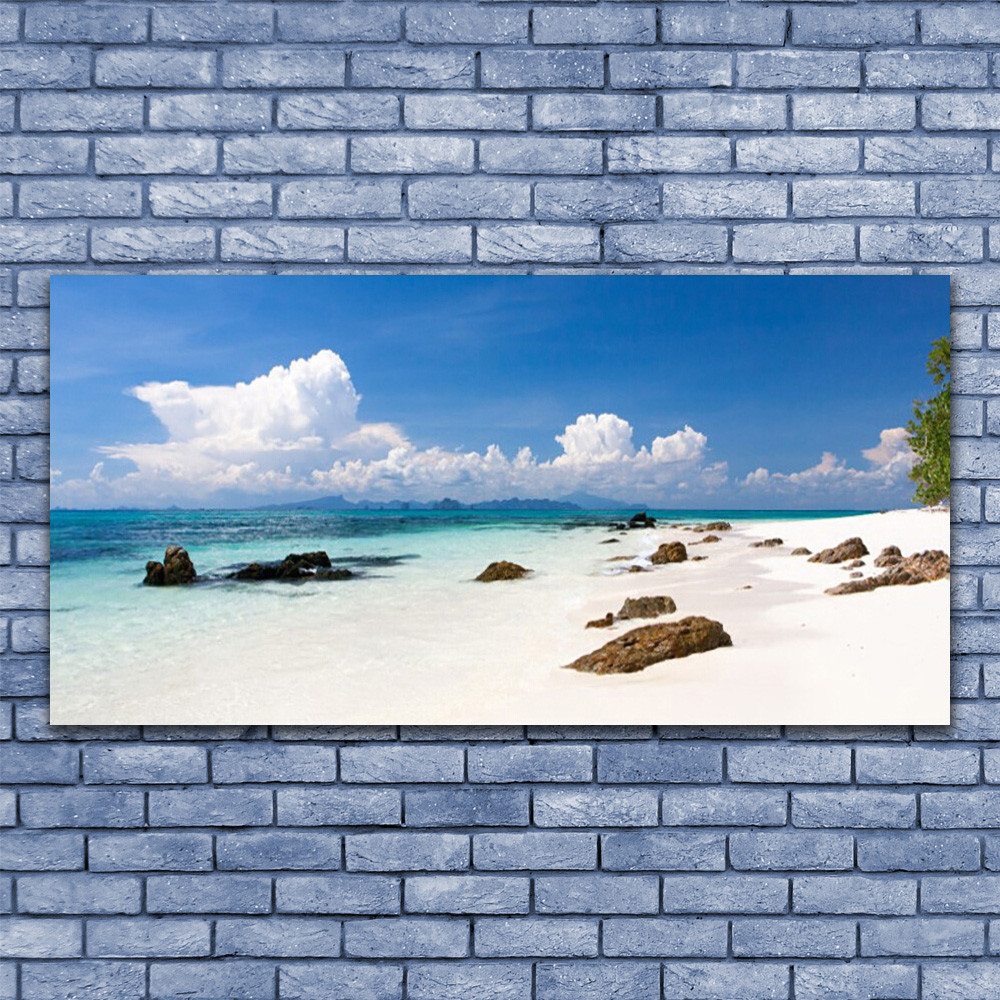 Tableau plexiglas paysage de plage et pierres 140x70 cm pour salon