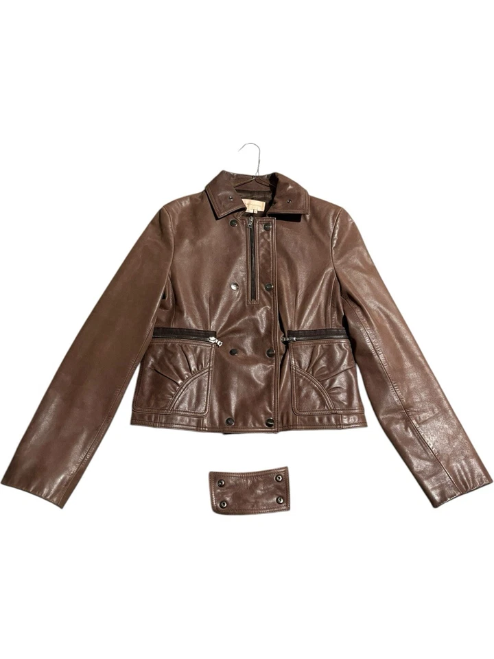 Vintage Max Azria Collection Runway Leather Jacket Biker Aviator Zip Brown Y2k - Image 3 of 4