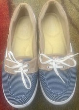 KEDS Tan Navy Blue White Striped Ortholite Canvas Loafer Boat Shoes Women's 7.0