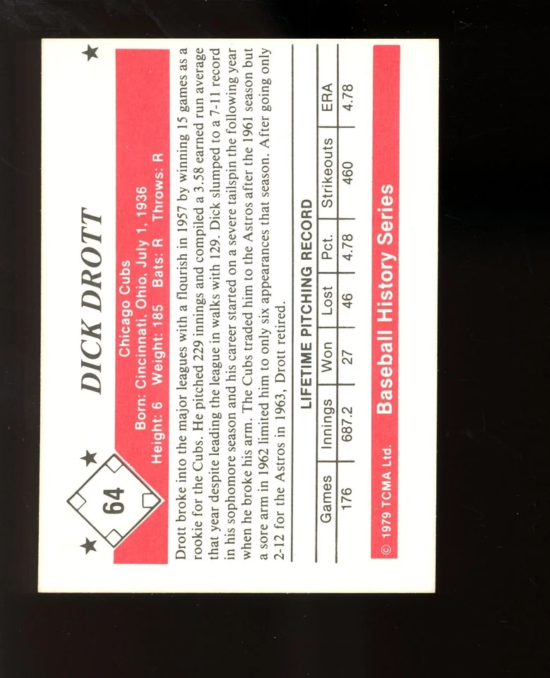 1979 TCMA #64 Dick Drott Chicago Cubs - Image 2 of 2