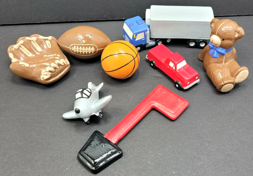 VTG Lot MINIATURE BISQUE Ceramic Sports Trucks Planes Glove Balls Cake toppers