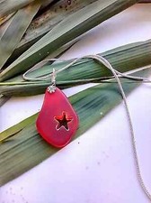 Hand Carved Starfish Red Sea Glass Pendant Silver Snake Chain Necklace-18"
