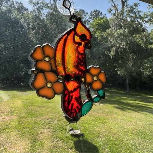 Vintage Stained Glass Suncatcher Cardinal Bird On Branch With Flowers Sparkly