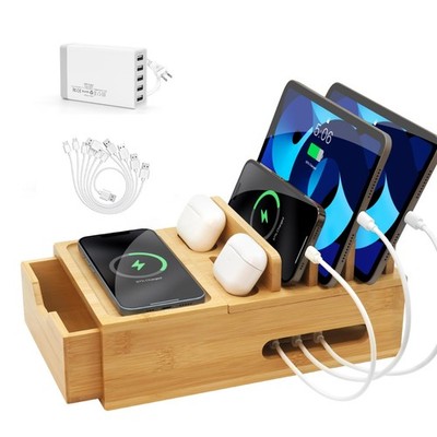 Bamboo Charging Station for Multiple Devices, Desk Charging Organizer with Dr...