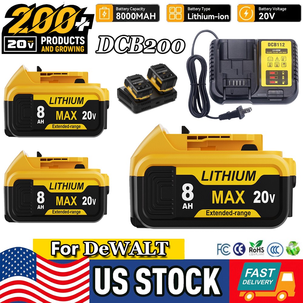 DCB200 For DeWalt 20V 20 Volt Max XR 8.0AH Lithium Ion Battery DCB205-2 DCB204