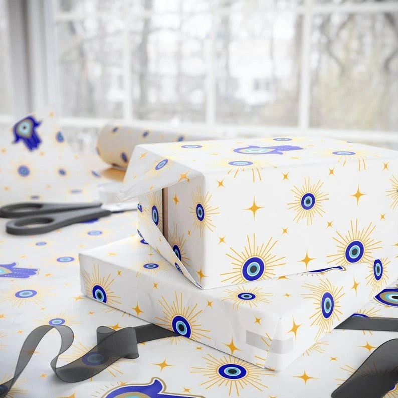 Evil Eye Protection Wrapping Paper, Blue Symbol Holiday Gift Wrap