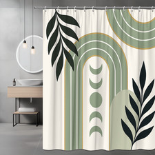 Boho Green Shower Curtain with Leaf Design, Waterproof Fabric