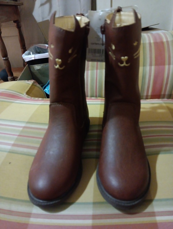 A Girls Size 12 Carter's Boots Brown With Kitty Face On Front Of The Top.